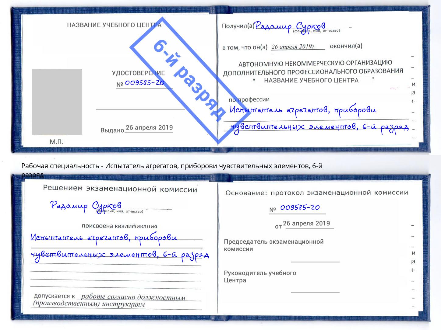 корочка 6-й разряд Испытатель агрегатов, приборови чувствительных элементов Алексин
