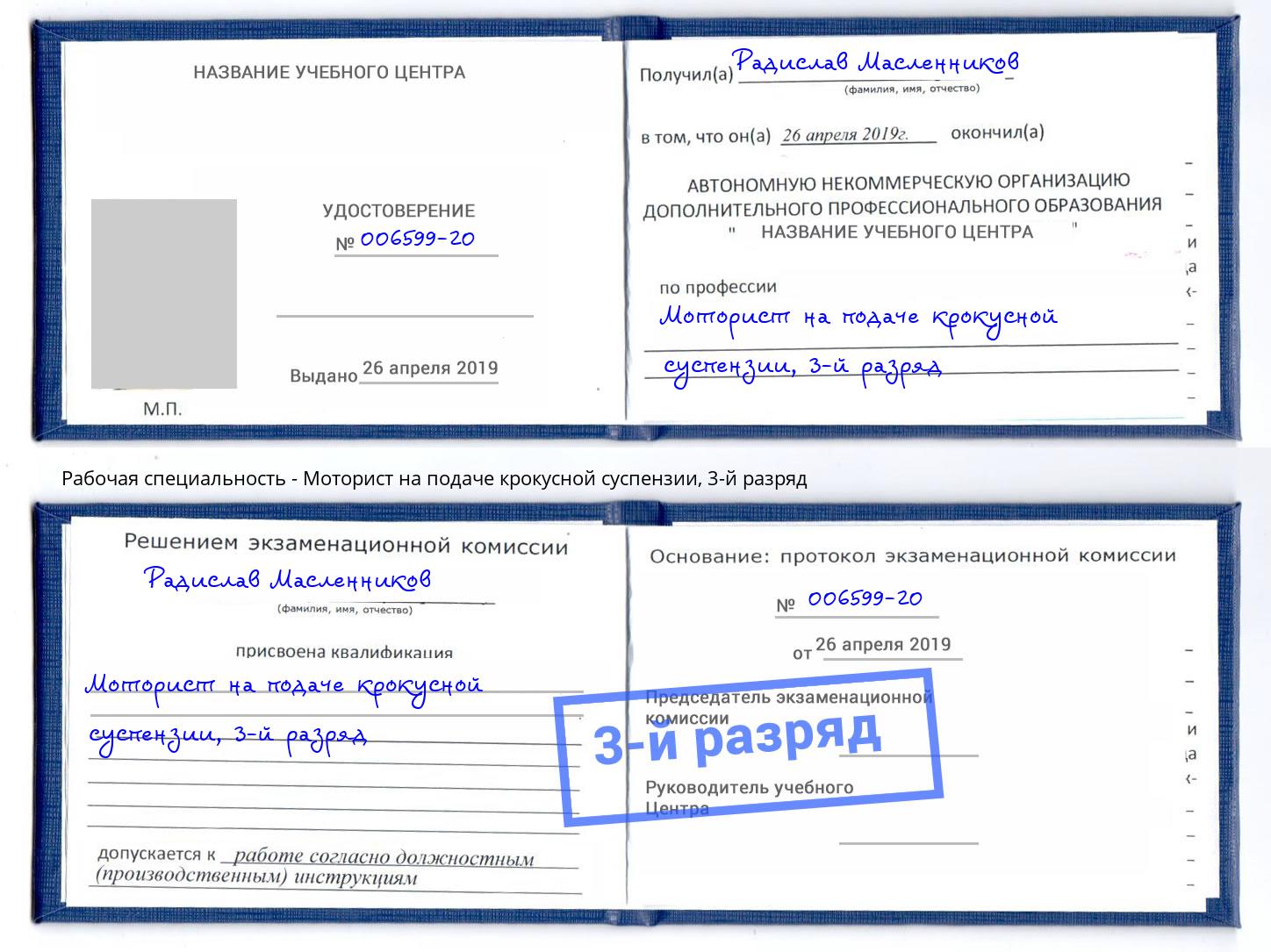 корочка 3-й разряд Моторист на подаче крокусной суспензии Алексин