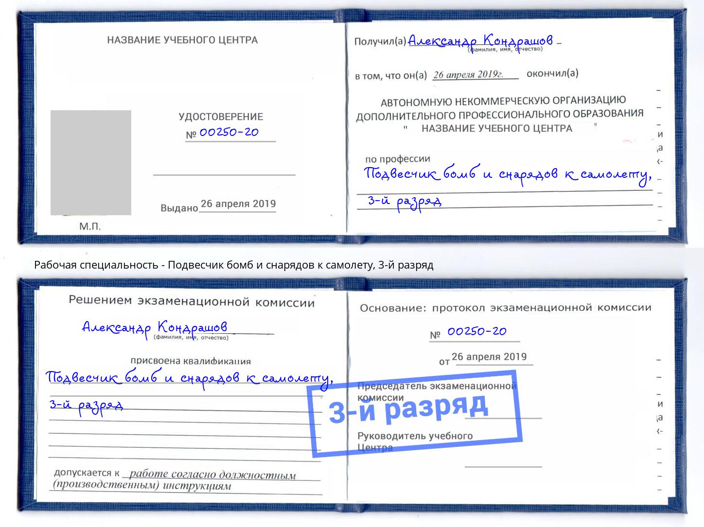 корочка 3-й разряд Подвесчик бомб и снарядов к самолету Алексин