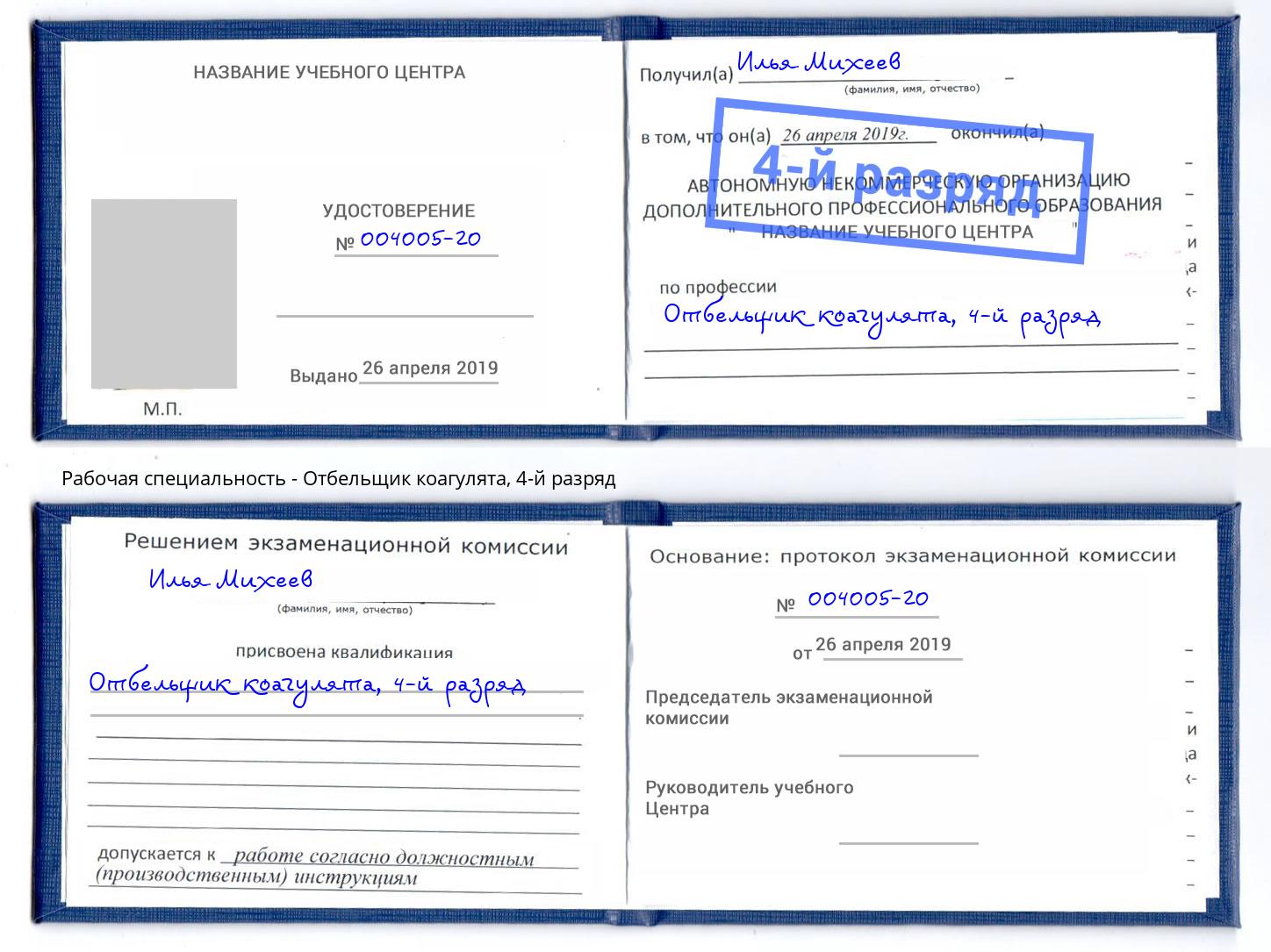 корочка 4-й разряд Отбельщик коагулята Алексин