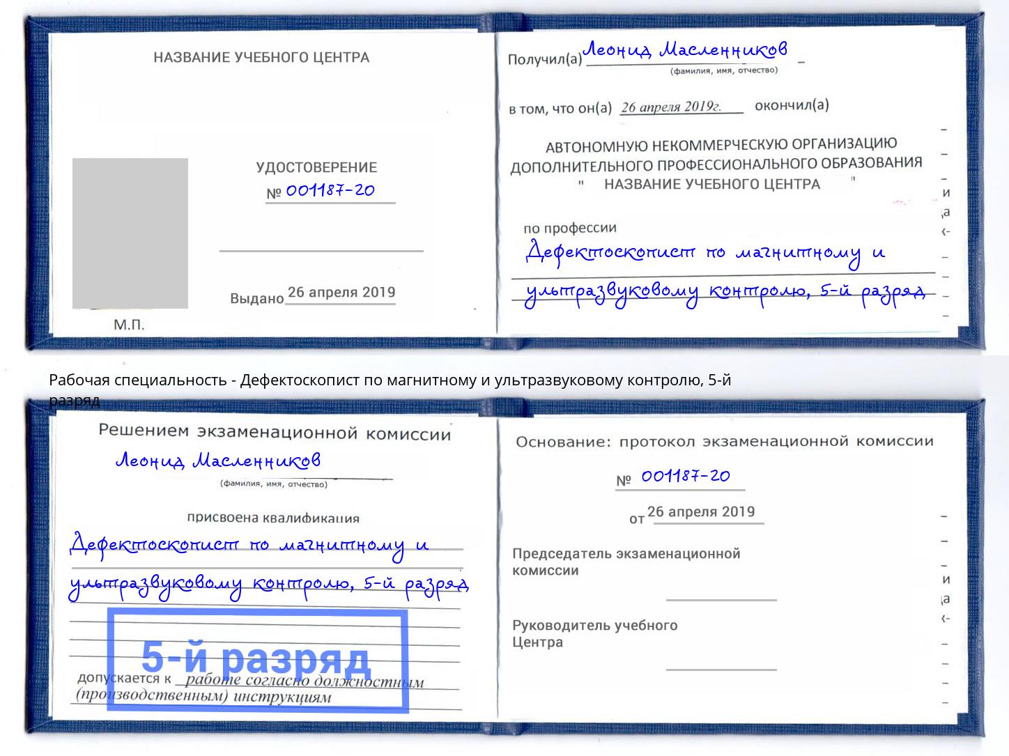корочка 5-й разряд Дефектоскопист по магнитному и ультразвуковому контролю Алексин