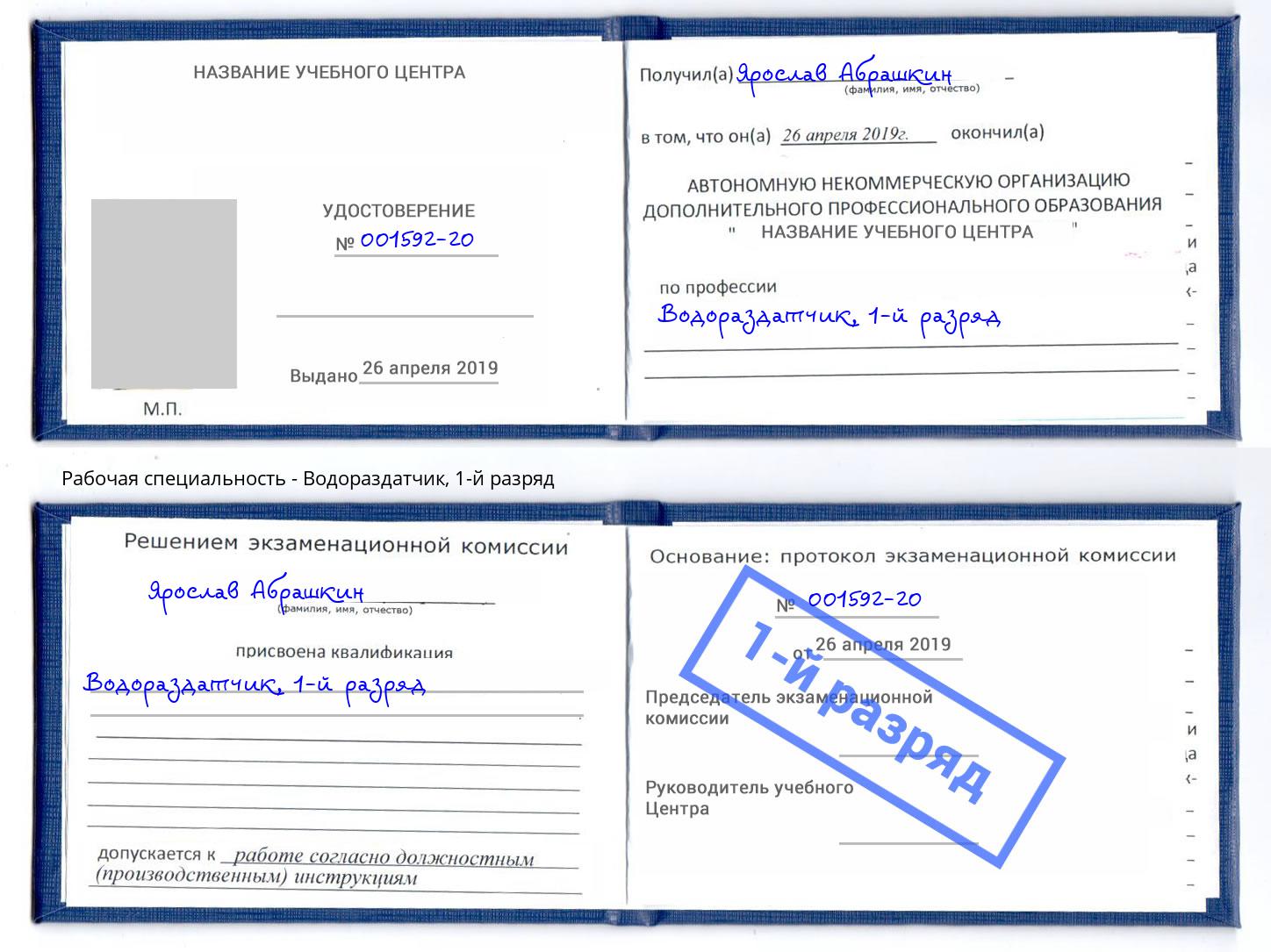 корочка 1-й разряд Водораздатчик Алексин