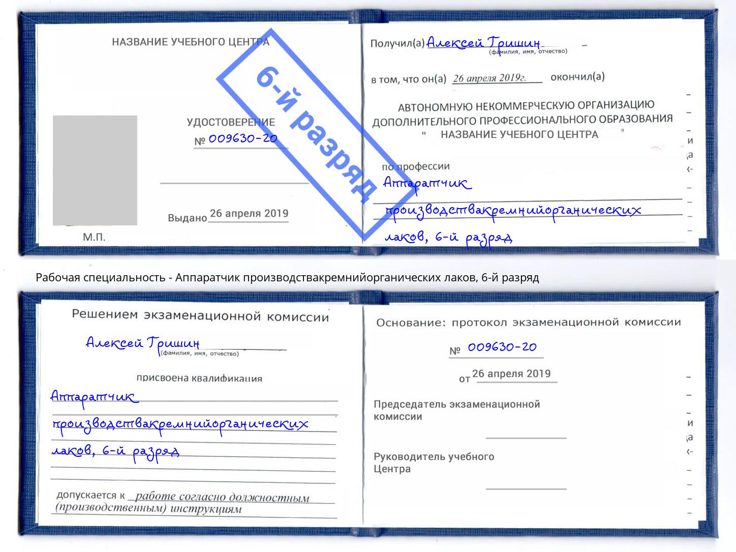 корочка 6-й разряд Аппаратчик производствакремнийорганических лаков Алексин