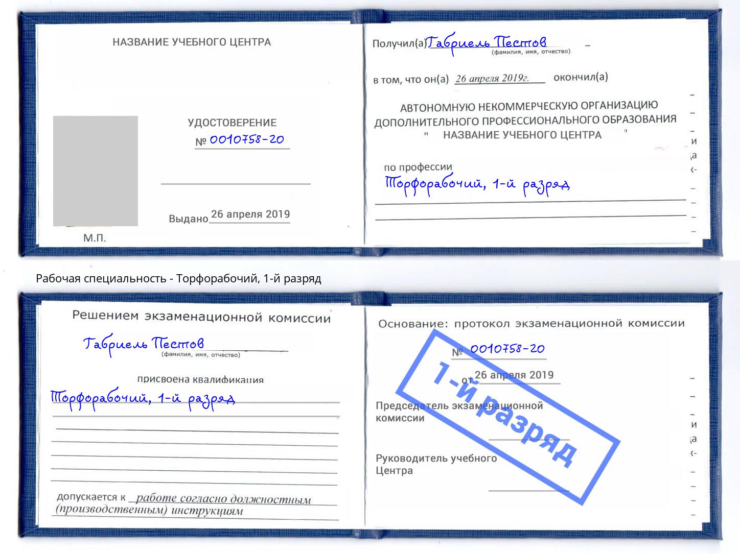 корочка 1-й разряд Торфорабочий Алексин