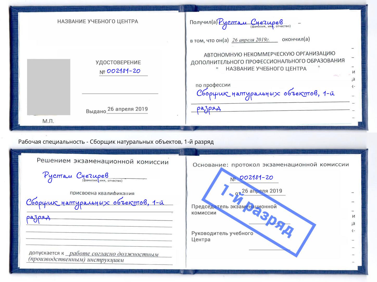 корочка 1-й разряд Сборщик натуральных объектов Алексин